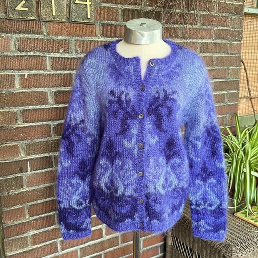 Talbots hand knit mohair blend purple/violet cardigan w/ shell buttons. Size M